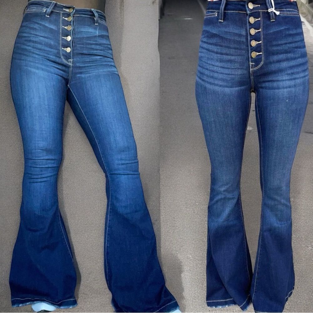 High Rise Button Fly Flare Jeans | Stretch Boutique Denim | Mid Wash | L&B | NWT - Picture 3 of 12